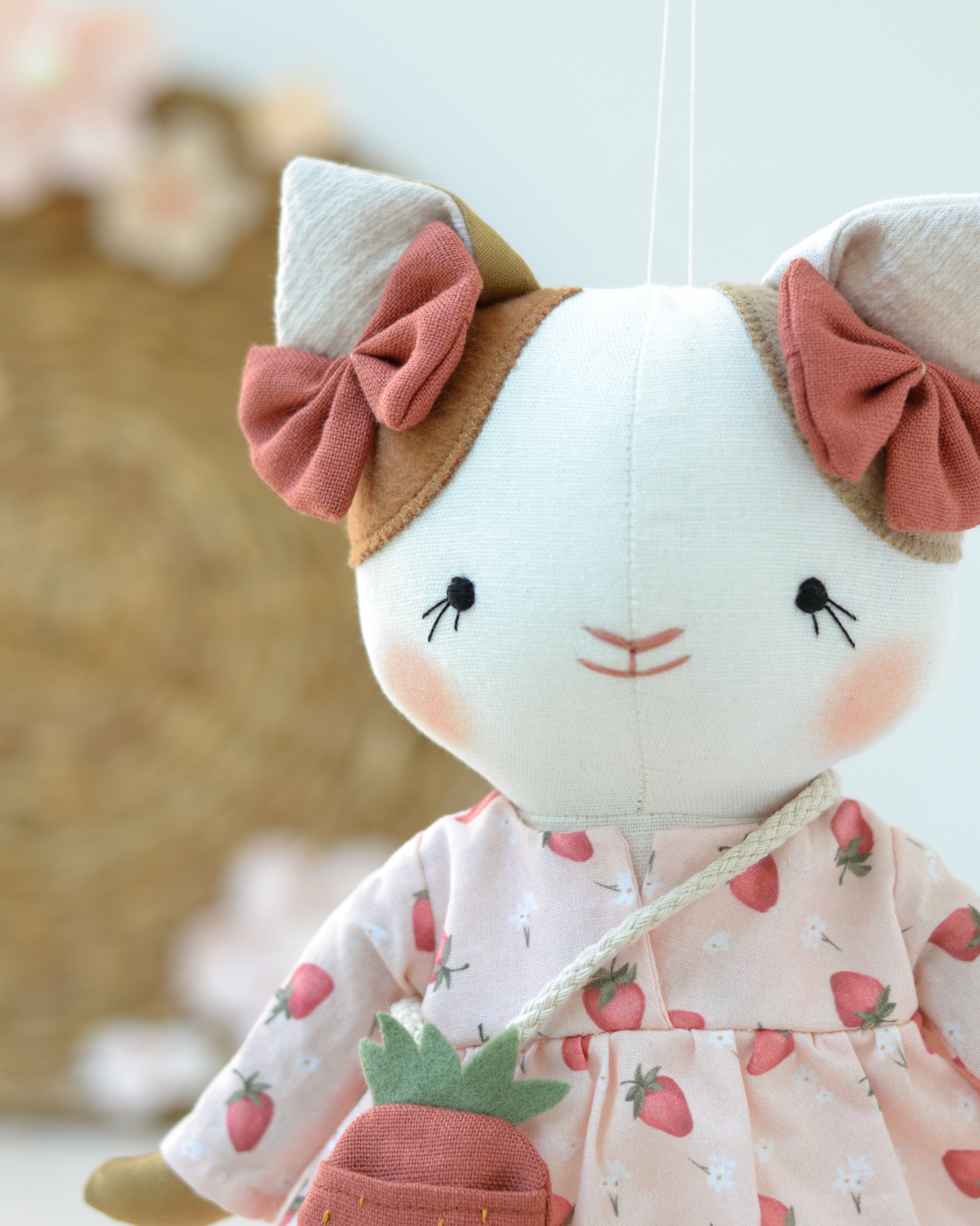 Cat Soft Toy Lucie in a White Dress with a Strawberry Bag